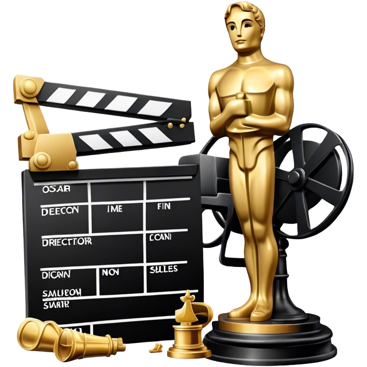 Professional icon for Directing: a collage featuring an Oscar statuette, a film script, a director's chair and a film slate. The icon should represent the excellence and artistry of directing, with a focus on cinematic achievement. Transparent background. emoji