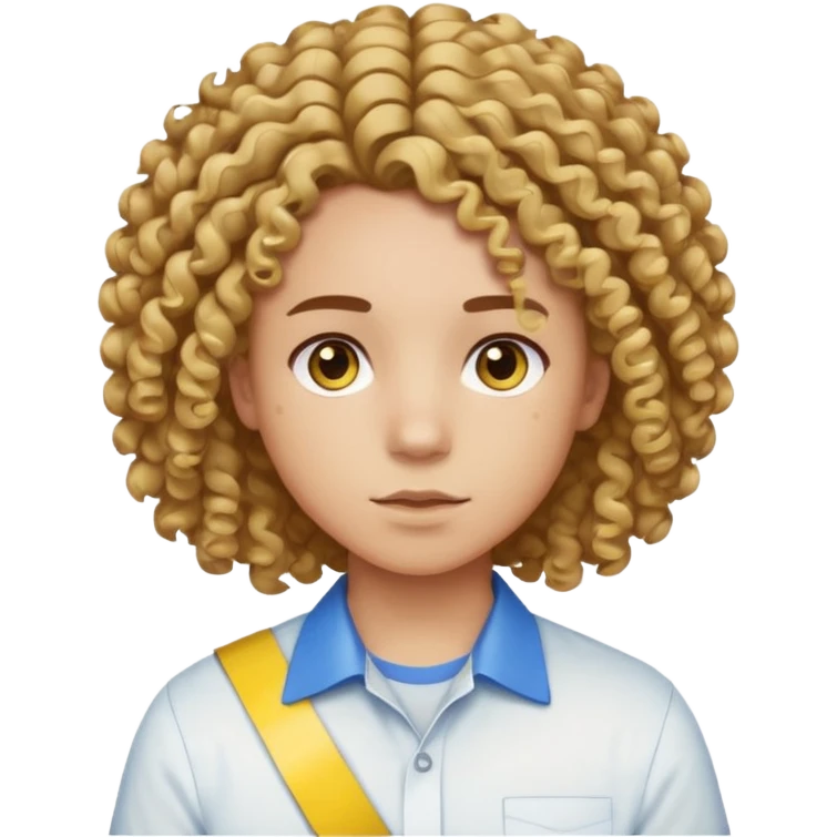 Make me an emoji that has a guy with a white shirt and yellow tape around the shirt with brown and blue spots hair make the hair curly make the yellow tape go around it emoji