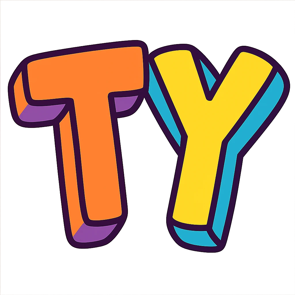 large TY letters in a playful, cartoonish style with bright colors and slight 3D effect, suitable for Slack reactions emoji
