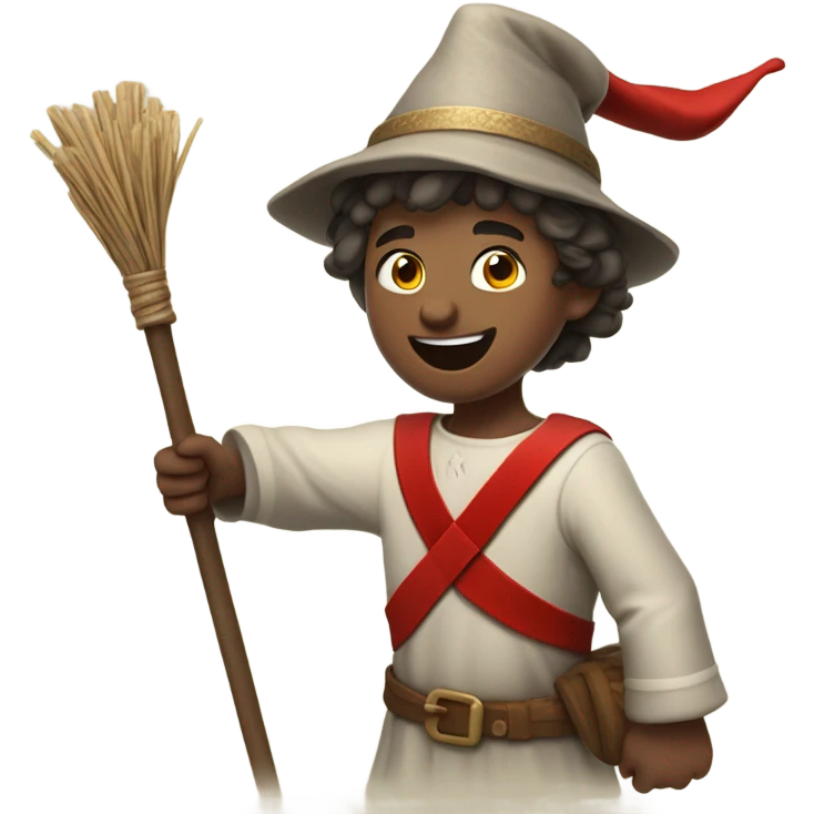 happy 13th century European pilgrim boy with staff, red stockings, short tunic and hat raising his hand in victory emoji