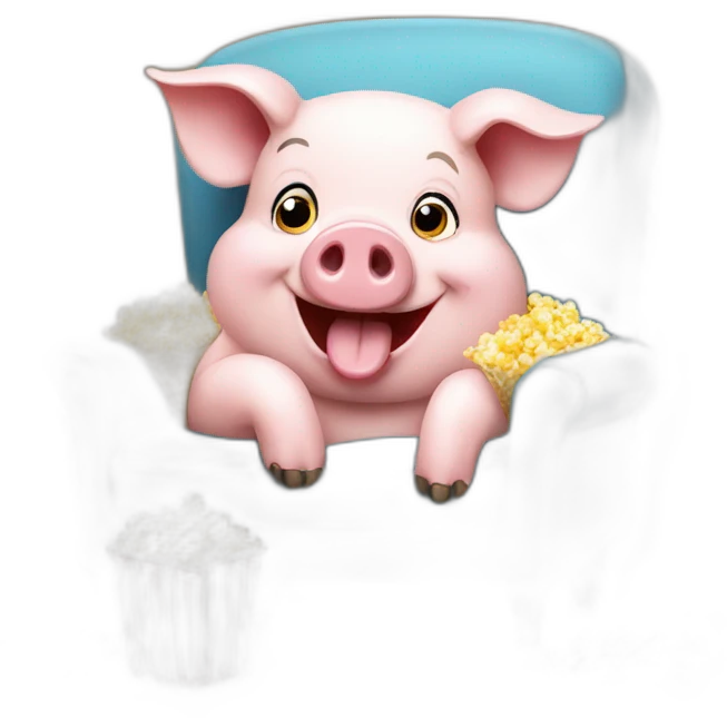 Happy pig sitting on a chair eating popcorn emoji