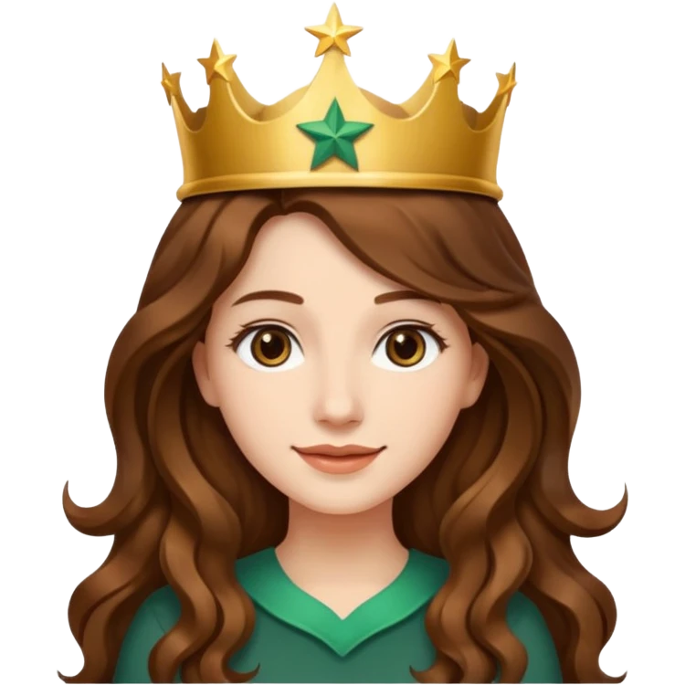 Apple style 3D emoji of a young woman inspired by the Starbucks logo. She has long wavy hair on both sides, a crown with a star on her head, and a soft smile. Smooth, shiny, simple emoji look. emoji
