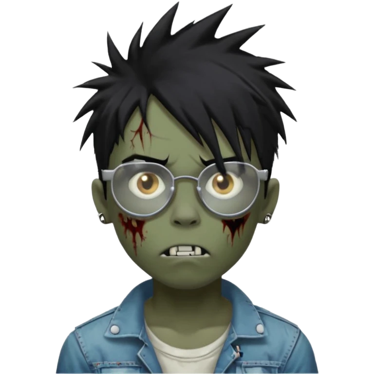 Boy, zombie, black hair, medium long, spiky hair, emo, shaggy, dark, spooky, creepy expression emoji, add transparent glasses, a risk on the eyebrow, some tattos emoji