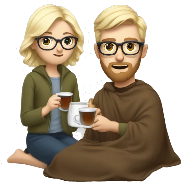 Pale blonde girl wearing glasses and short brown haired bearded man drinking tea under blanket emoji