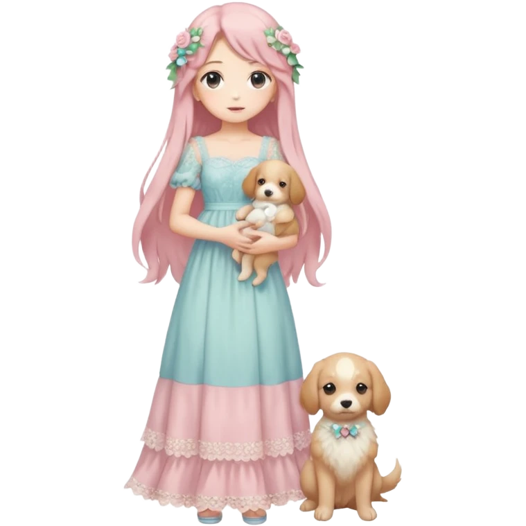 Pastel anime lady long hair with long lace dress full body holding puppy emoji