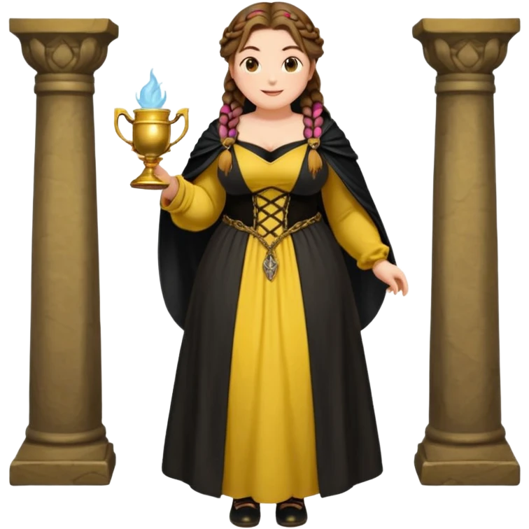 Helga Hufflepuff,brown-haired,2 braids,yellow-black medieval open dress,deep neckline,fat macromastia,black cloak decorated with gold braiding,gold cup with two handles,very kind smile,curvy busty sweet woman,round rosy cheeks,full length with medieval shoes emoji