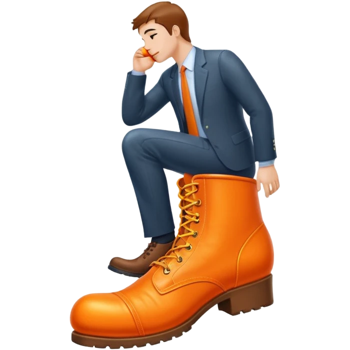 Office worker kissing a boot that is giant and orange emoji