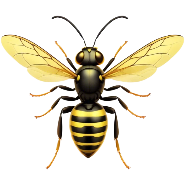 Cinematic Noble Wasp Portrait Emoji, Poised and formidable, with a sleek, slender body in bold yellow and black hues, angular, translucent wings and sharp, focused eyes exuding determined intensity, Simplified yet strikingly defined features, highly detailed, glowing with a cool, assertive radiance, high shine, intelligent and vigilant, stylized with an air of natural precision, focused and alert, soft glowing outline, capturing the essence of a watchful wasp that appears ready to buzz out of the screen with commanding presence! emoji