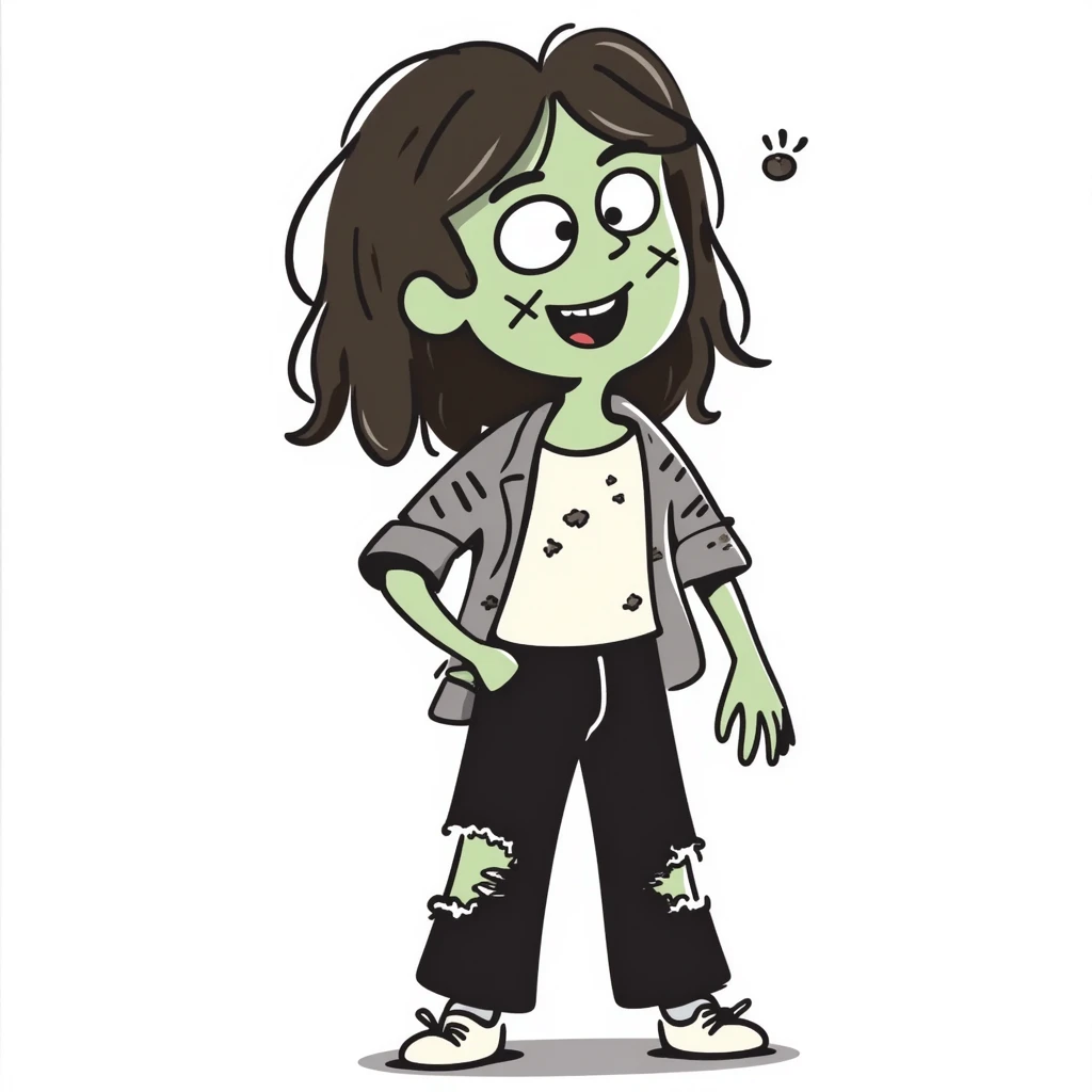 Girl zombie with messy long brown hair, stitches on face, pale green skin, and torn clothes emoji