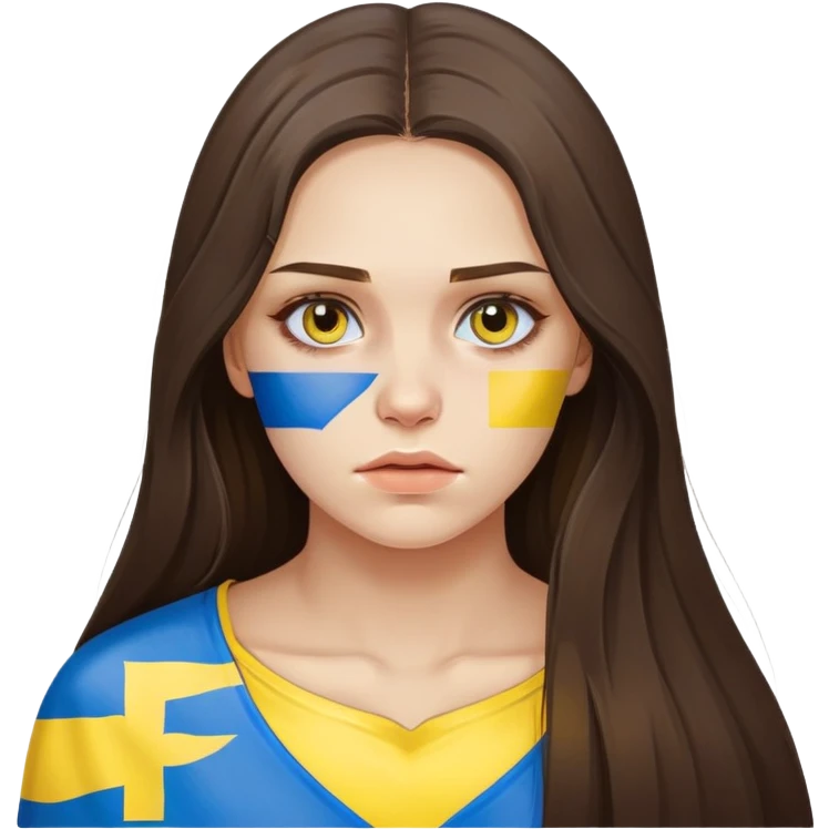 Brunette woman with long hair, Ukrainian flag (blue and yellow) painted on her cheek, sad expression emoji
