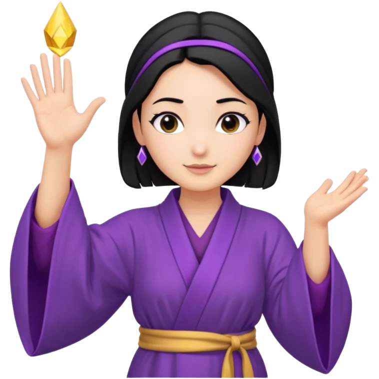 female wizard with black hair in a low bun with both hands palm up emoji