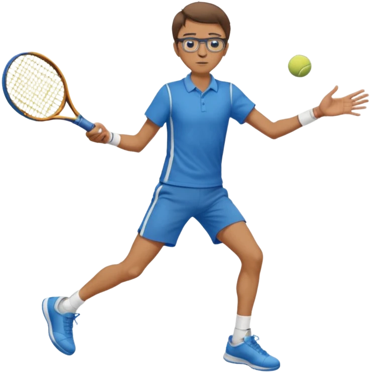 homme l'air cool taille moyenne corpulence maigre cheveux chatain court yeux bleus lunettes photo de pieds en pantalon qui fait du tennis emoji