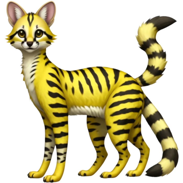 Lanky slender beautiful elegant spotted hype-realistic, black-maned, vibrant yellow Genet-Serval-Sergal-Civet-fusion-hybrid-furry-fursona, full body, with a long puffy fluffy black-and-white-striped tail emoji