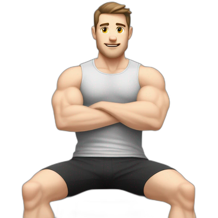 Pale skinned Fit Man With the biceps and dark brown hair in black shirt, gray sports shorts and white Sneakers Sitting on a chair emoji