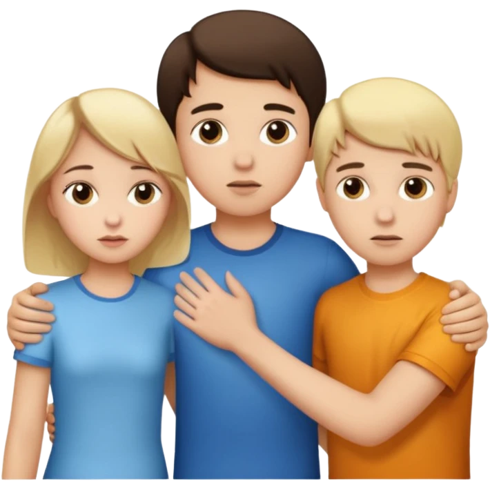  iOS emoji style.
A girl holding hands with two boys at the same time,one boy si brunette the other blonde, one on each side. the brunette one is kised by the girl but the blonde one si holding hand with her
The girl has a suspicious, guilty expression
 smooth gradients, rounded shape emoji