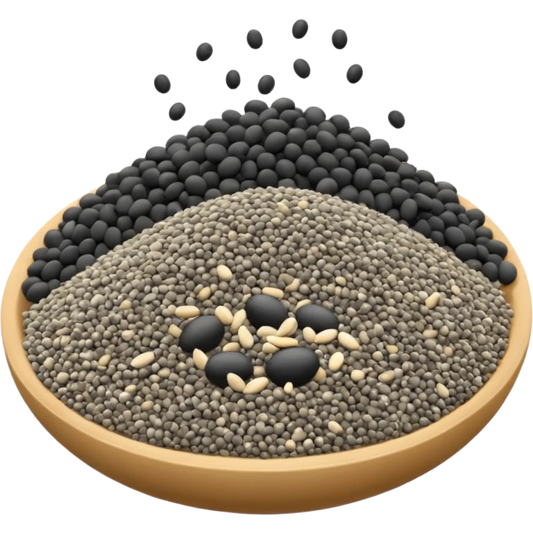 realistic chia seeds small scatter tiny oval black grey white smooth glossy light organic soft cluster no bowl spoon packaging or faces clean 3D soft lighting transparent background emoji scale emoji