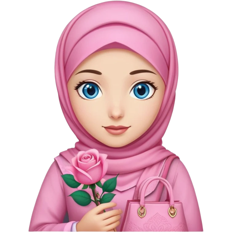 Turkish beautiful finish Konya girl blue eyes with pink hijab islamic dress and had on her hand pink rose bag emoji