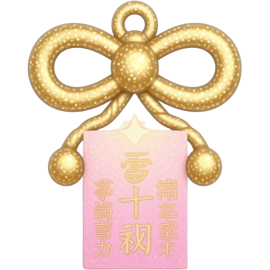 Pastel pink and white Shinto omamori charm with shiny glittery gold emoji