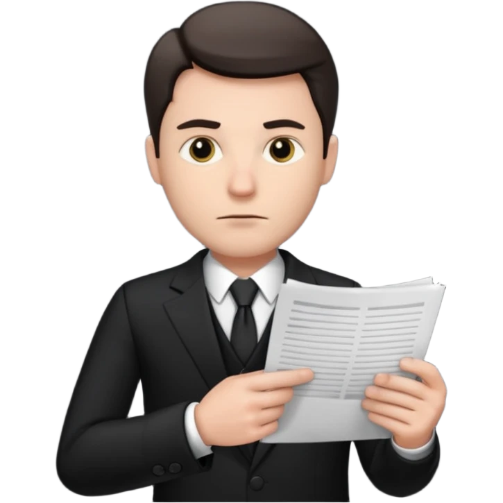 A white man in a black suit stands with a serious face and points at his hand holding papers. emoji