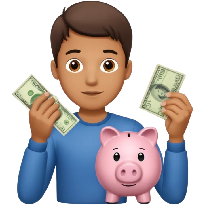 A young guy puts money in a piggy bank. emoji