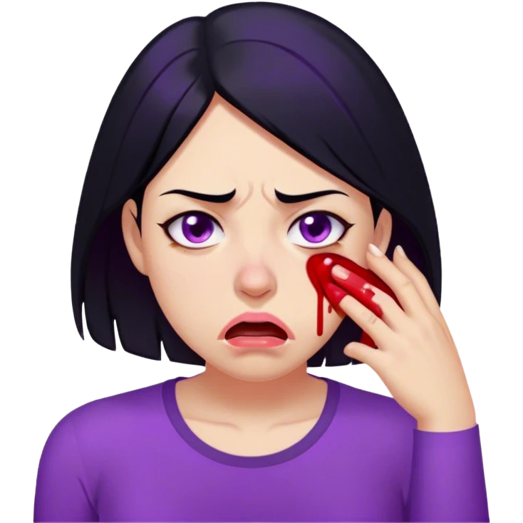 A cartoon-style digital illustration of a woman with shoulder-length black hair, wearing a purple shirt. She has an exhausted and dehydrated expression, with red, bloodshot eyes, a dry, sticking-out tongue, and a single sweat drop on her cheek. The character looks fatigued, as if suffering from heat exhaustion or dehydration. The background is plain white emoji