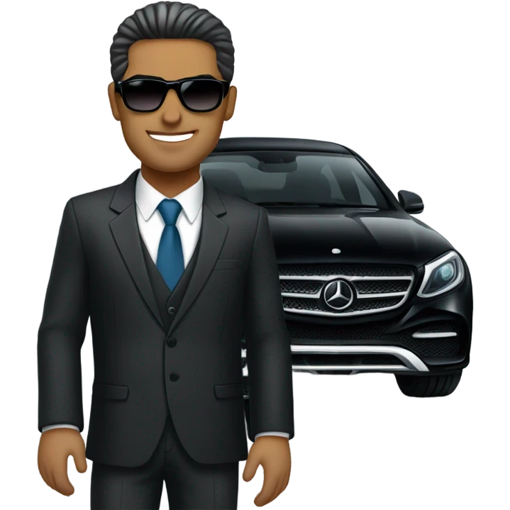 Latino Businessman with sunglasses standing in front of black Mercedes emoji