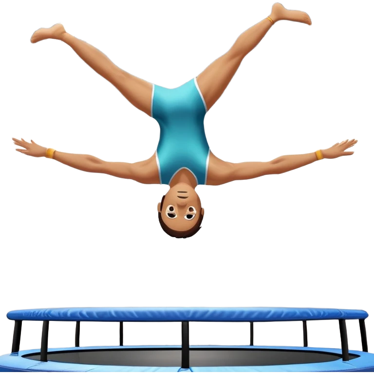 An athletic person soaring high above a trampoline, executing an acrobatic flip with perfect form. The scene captures motion and energy, with a dynamic pose, stretched limbs, and a focused expression. The background suggests a professional trampoline arena with safety padding. emoji