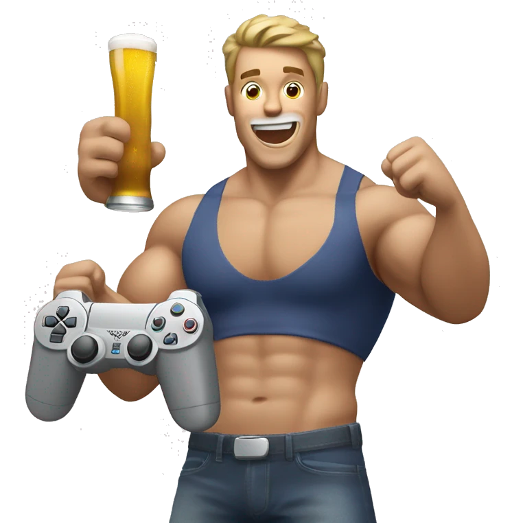 Muscular white man cheering with a PlayStation controller in his hand and a beer in his hand emoji