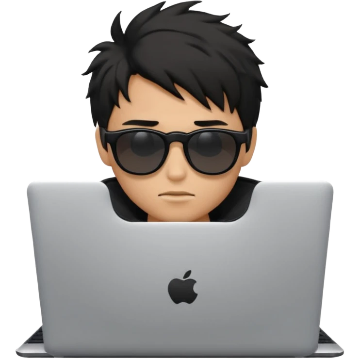 a PRETTY BRATZ boy with black messy hair, black sunglasses, on laptop emoji