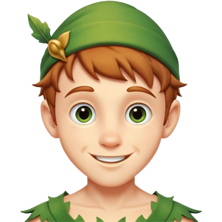 Cinematic Realistic Peter Pan Portrait, head tilted playfully and inquisitively, capturing his mischievous smile and twinkling eyes. The intricacies of his whimsical attire and the soft interplay of natural light bring to life his adventurous energy and childlike charm with a hint of daring strength. emoji