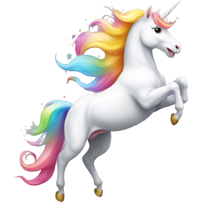 A happy, white unicorn with a colorful mane and tail, in a mid-leap pose, leaving a trail of sparkling rainbows behind. emoji