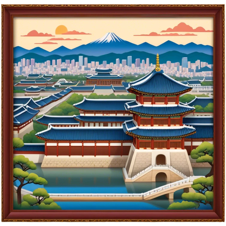 Cinematic Realistic Gyeongbokgung Palace Landmark Emoji, rendered with traditional Korean architecture, ornate wooden carvings, and vibrant colors, set against the backdrop of modern Seoul with soft evening light. emoji