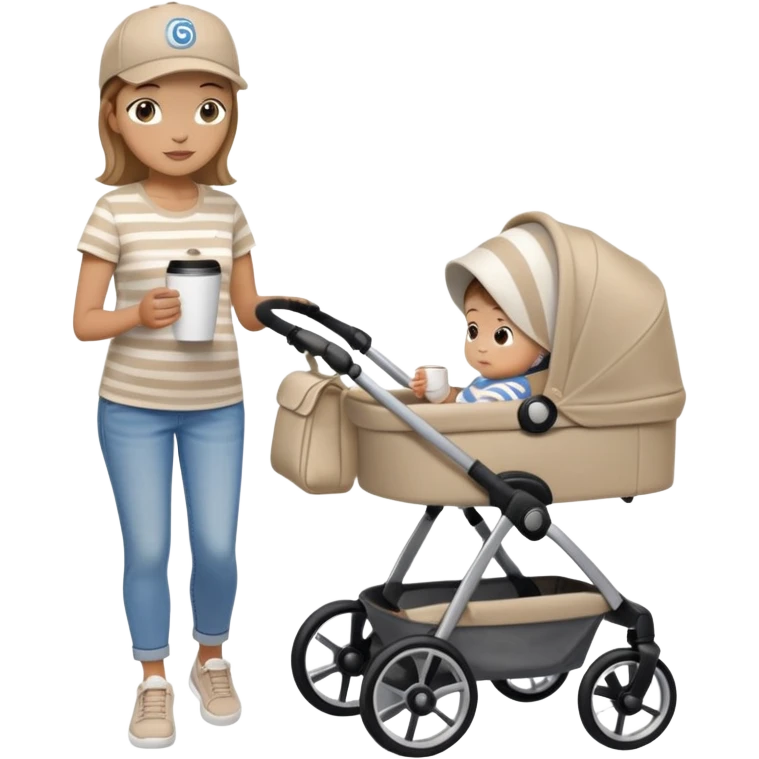 A mom with a brown stroller, a coffee cup attached to it. Inside, a 6-month-old baby boy with light brown hair and blue eyes. The mom is wearing a beige T-shirt and a matching beige cap. The baby is dressed in white sneakers, a white and blue striped T-shirt, and jeans emoji