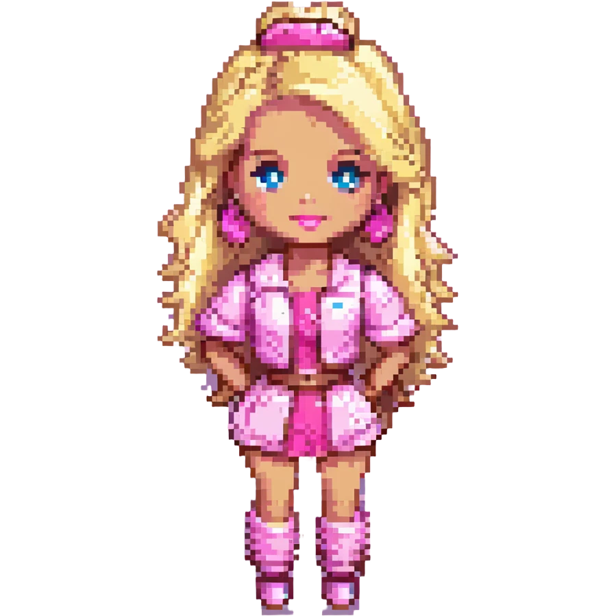 Barbie character with iconic blonde hair and pink outfit, bright colors, pixel art style, simple background emoji