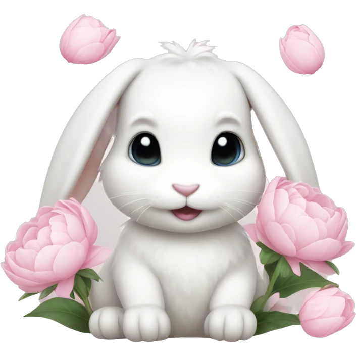 cute white bunny holding light pink peonies emoji