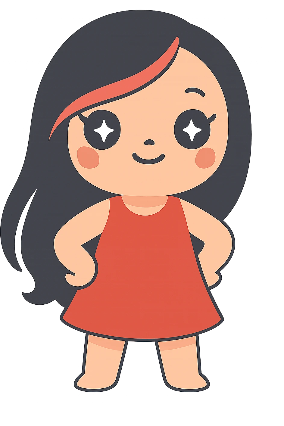 Add a red dress, remove ears, keep long black and red hair, keep the original style, no background. emoji