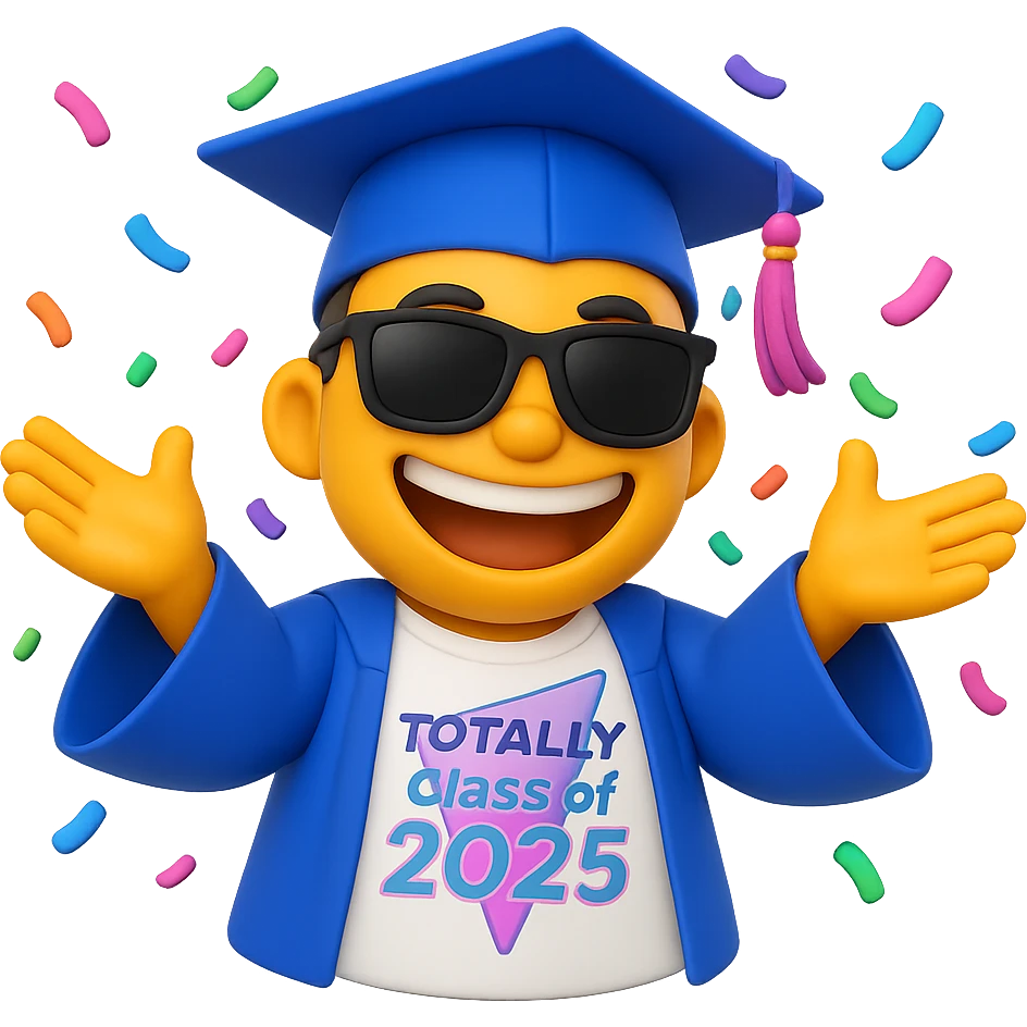Create a cool emoji based on the person in the reference photo, wearing a graduation outfit, with sunglasses and a big smile, throwing confetti, in a 3D cartoon style. Background should be transparent. emoji