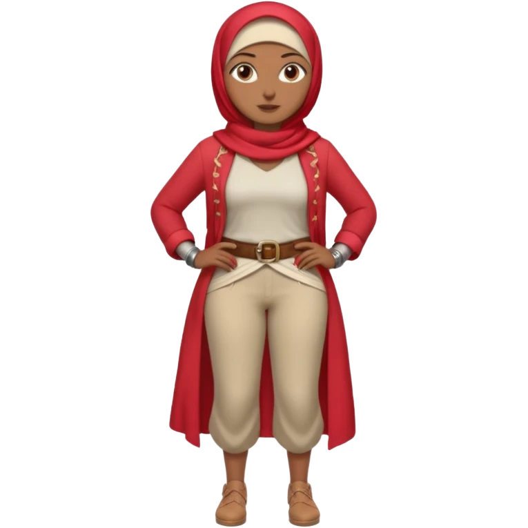 Heavy-set woman with medium-brown skin wearing a light red hijab, cream top, light red pants, tan shoes, and a visible gray pirate peg leg. Standing confidently with one hand on her hip emoji