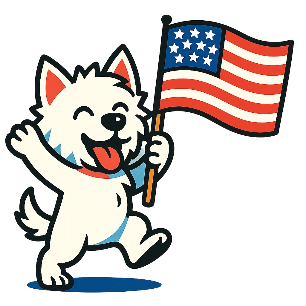white Westie dog joyfully waving a United States flag, sense of celebration, vibrant toon style emoji