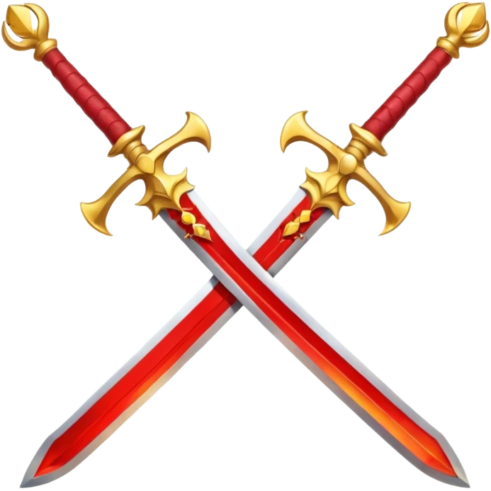 Two crossed swords that are golden in blade and handle and have fiery and royal appearence to them as well as red gem stones yellow in color emoji