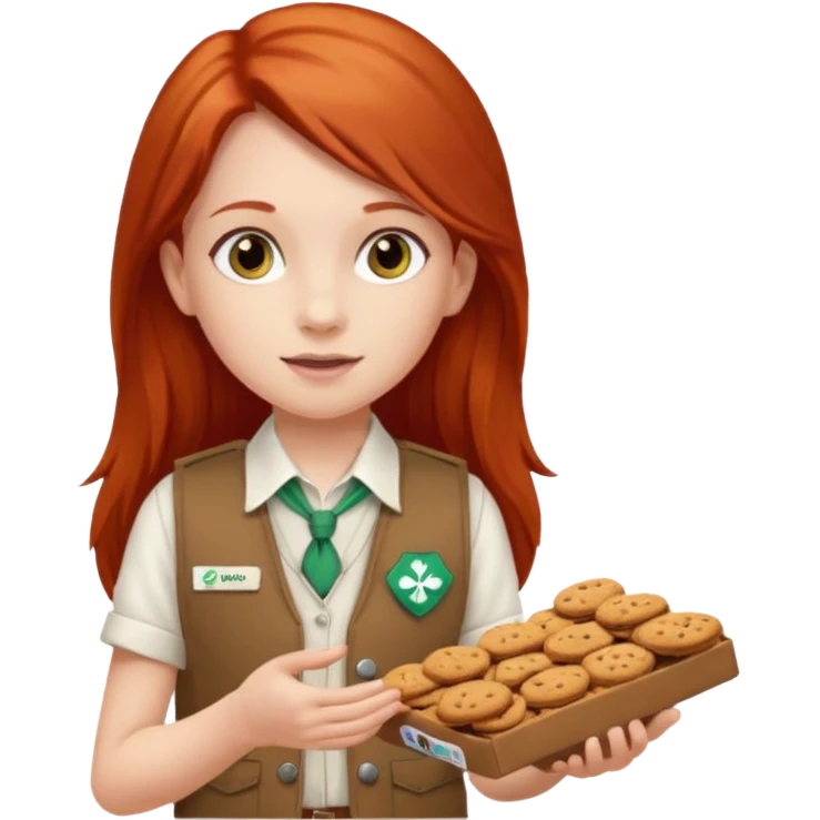 white girl scout with red long hair selling cookies with a brown Girl Scout vest and white shirt under vest. She should be around 10 years old emoji