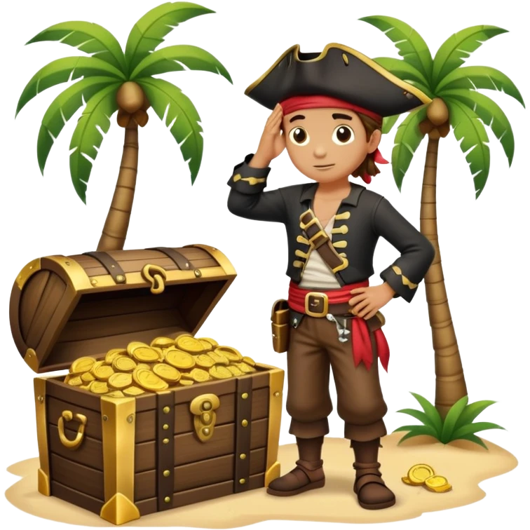 kid pirate with hand on forehead looking for something, one foot on treasure chest, palm trees in background emoji
