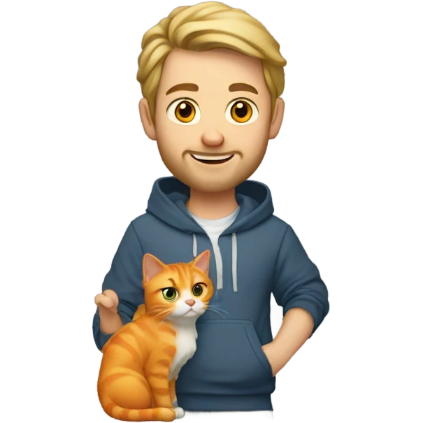 early 30s Caucasian male with dirty blonde shoulder length hair wearing a hoodie holding an orange cat ￼ emoji