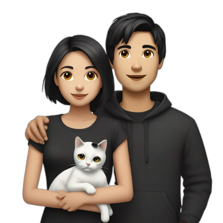 girl and boy with black hair and black and white cat emoji