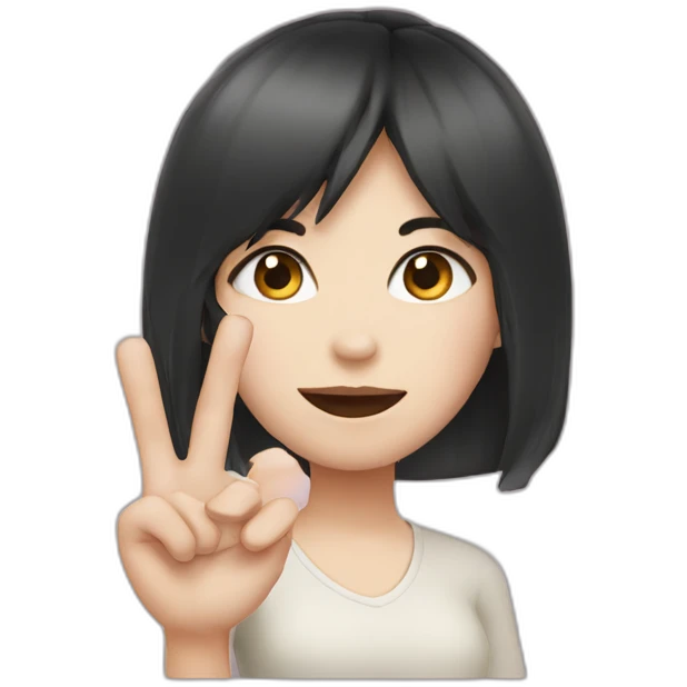 Small white skin black haired girl showing three fingers emoji