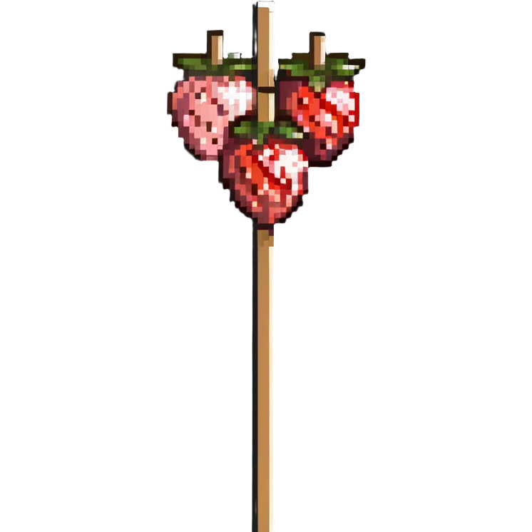 wooden skewer with three strawberries coated in shiny sugar glaze emoji