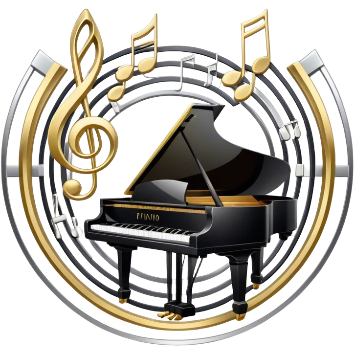 Create an elegant and festive emoji collage representing keyboard instruments, styled like a heraldic emblem. The design should feature a central focal point of black and white piano keys, arranged in a semi-circular or shield-like shape. Around the piano keys, add intertwining musical notes that form flowing ribbons, creating a dynamic and celebratory atmosphere. The design should be professional, with polished silver and gold accents on the keys and notes, highlighting the luxury and sophistication of the instruments. Add subtle shading and lighting effects to give the design a refined, 3D appearance. The background should remain transparent, and the overall feel should evoke grandeur, artistry, and a sense of celebration. emoji