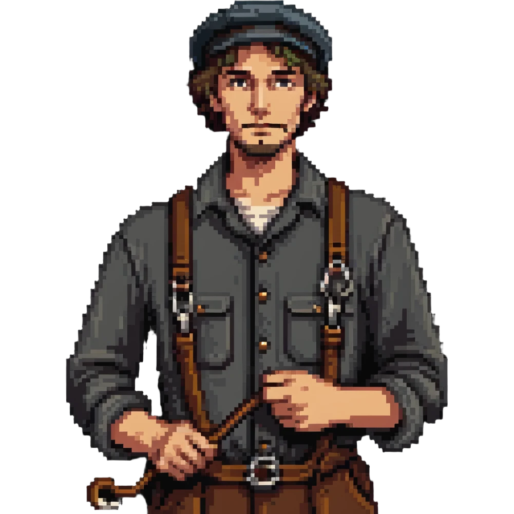 English dockworker from 1800s with weather-worn face, simple clothes and docker's hook emoji
