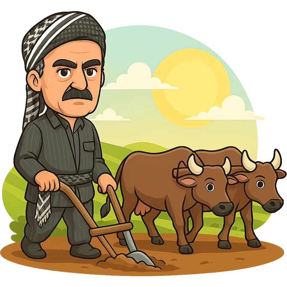 Edit the cartoon sticker so that the plow (گاواهن) is clearly attached to the cows. Move the man about half a meter further back, standing behind the cows as he holds the plow handles. Keep the Kurdish clothing and the rest of the sticker vibrant and cheerful. emoji