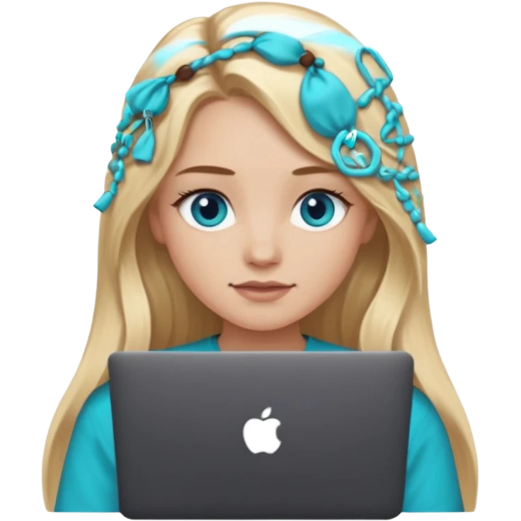 blonde long hair girl using macbook emoji. she has blue eyes and dark coffee shirt with Teal coloured accesory emoji